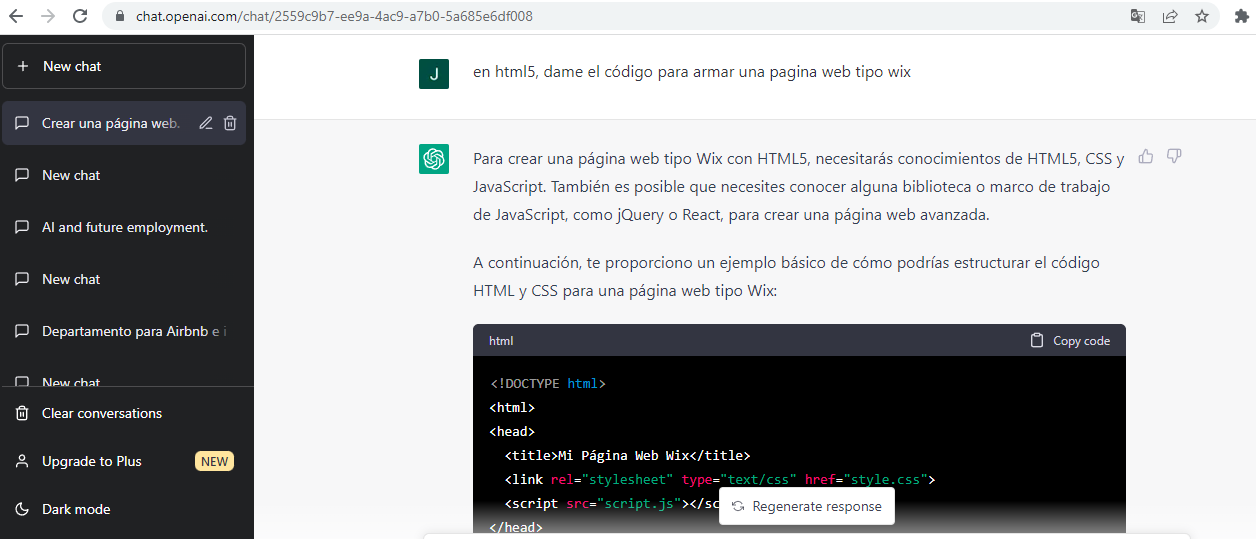 Captura de ChatGPT generando código HTML
