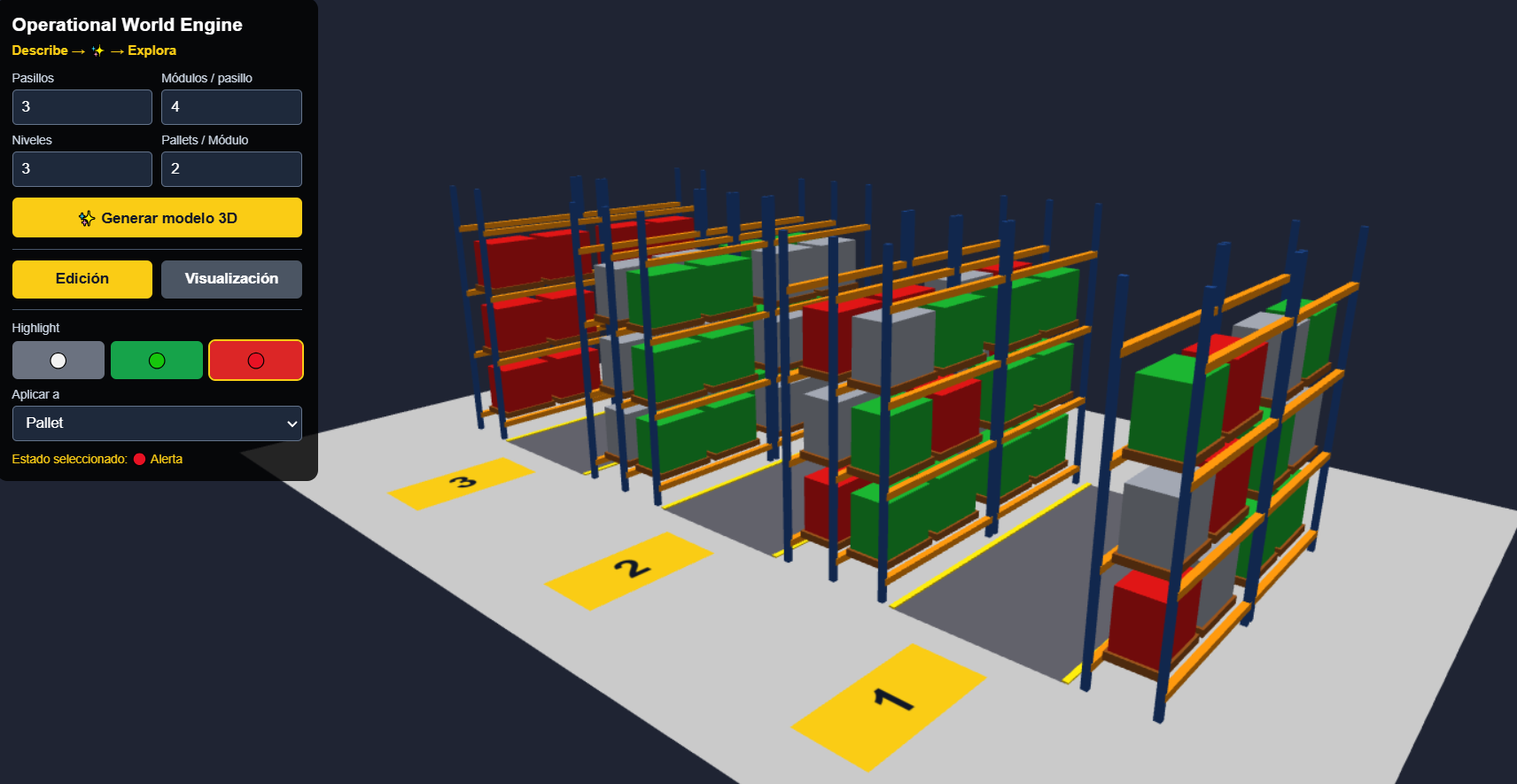 OWE - Modelado 3D de una operación con racks y pallets